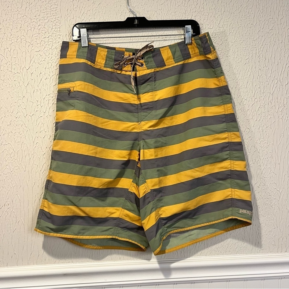 Patagonia Men's Board Shorts - Gray, Olive and Mustard Stripes size 34 medium